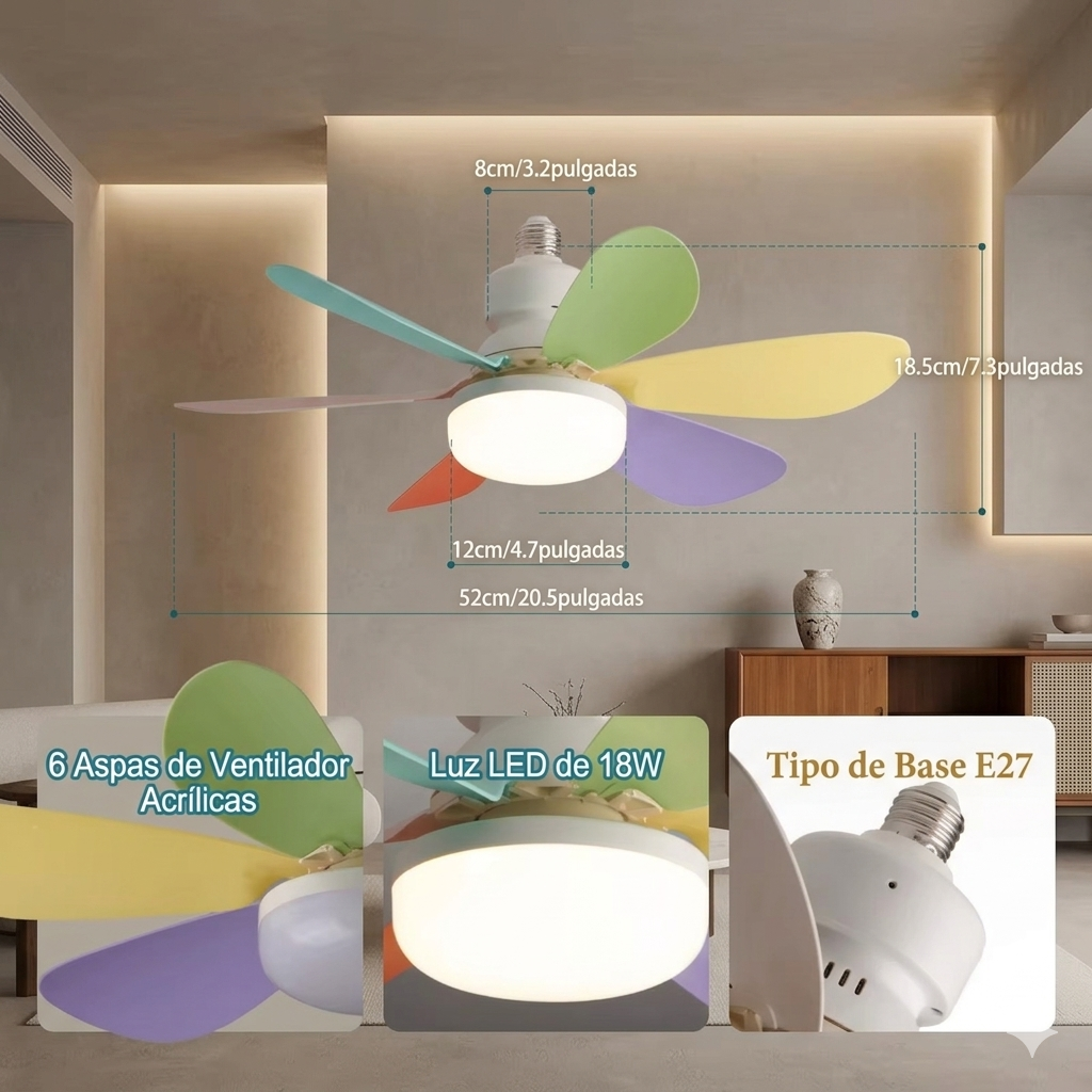 Ventilador LED de Techo con Control Remoto – Luz Regulable y Bajo Consumo